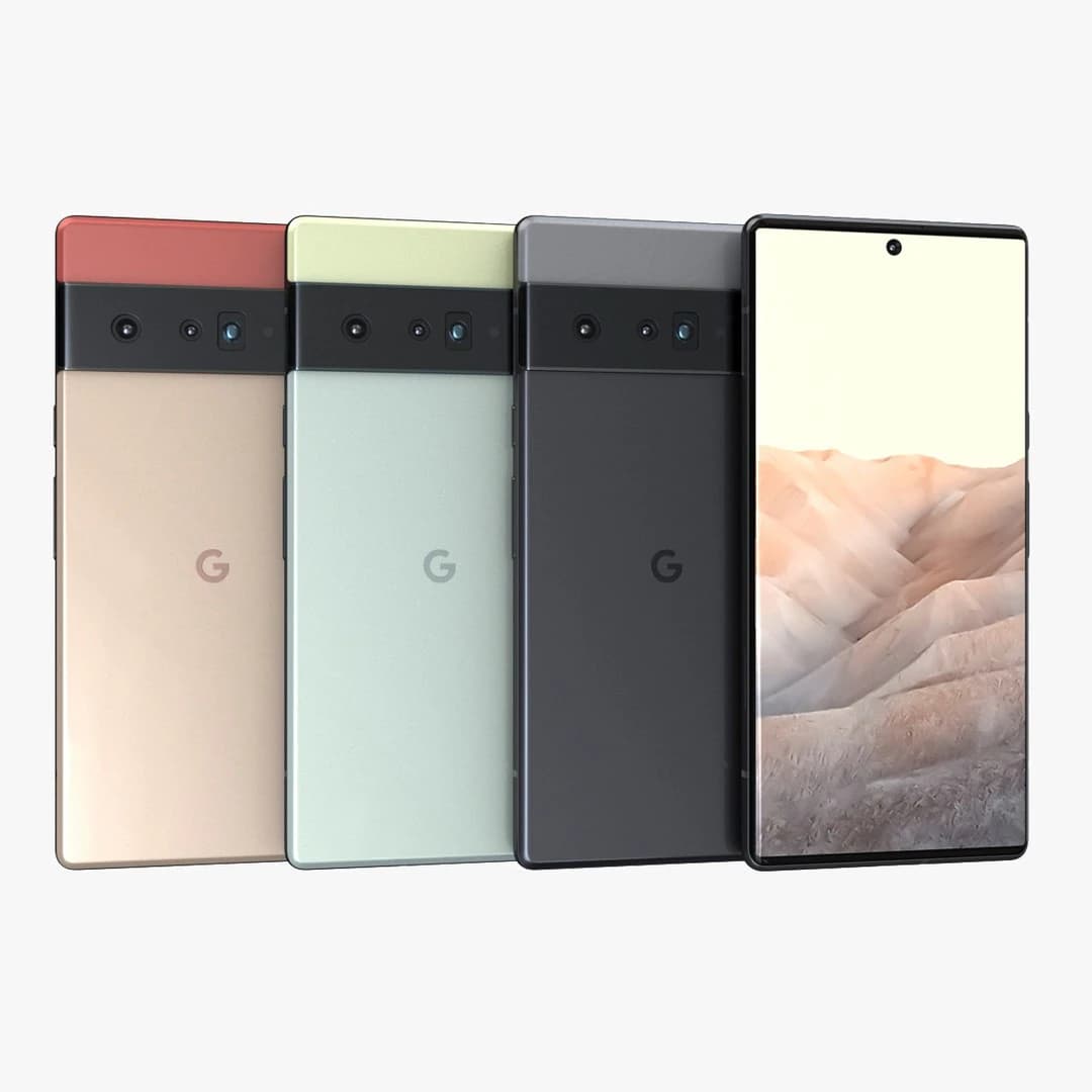 Google Pixel 6 smartphone collection featuring four color variants: Coral, Light Green, Charcoal, and Gold. Each phone showcases a sleek design with a prominent camera module and a vibrant display, set against a plain background.