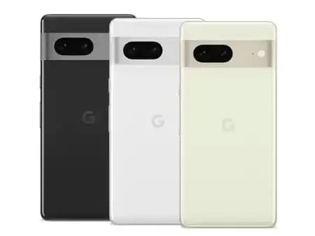 Google Pixel 7a smartphone in three colors: Charcoal, Snow, and Sage. Each phone features a sleek design with a dual-camera setup and a smooth finish. Displayed against a plain background, showcasing the modern aesthetic.