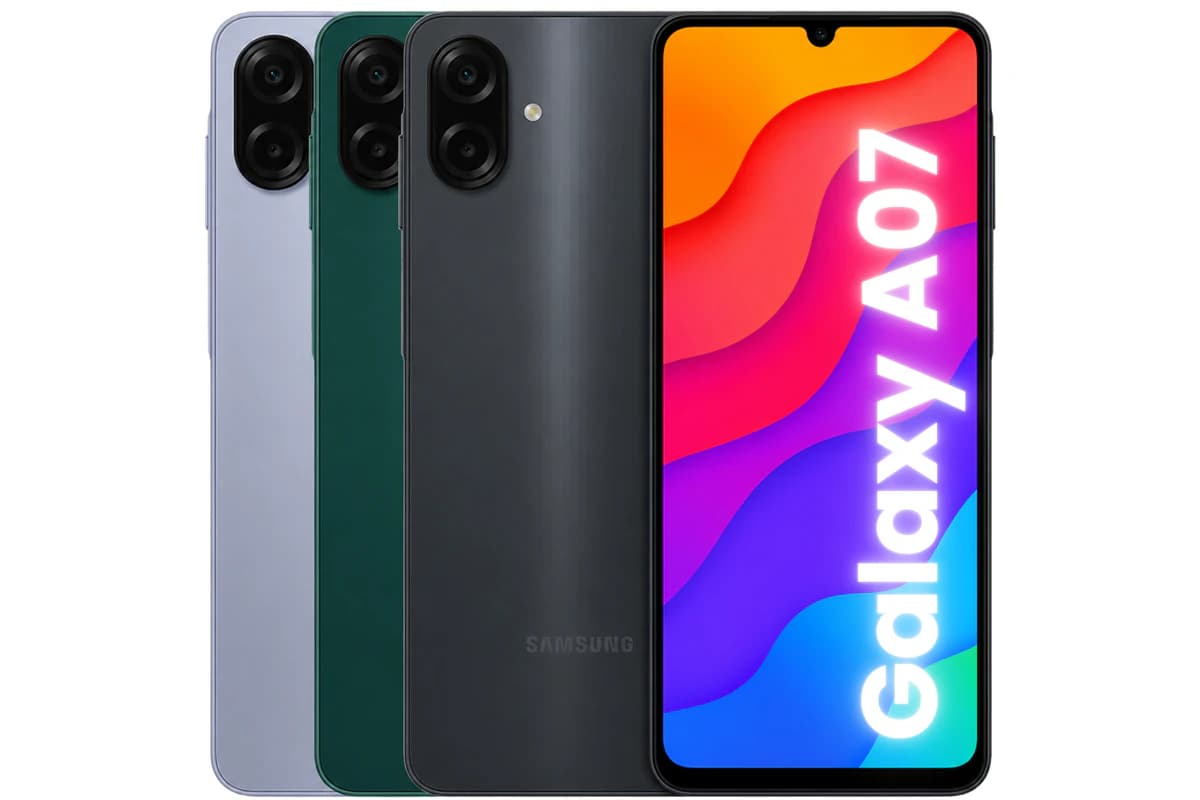 Samsung Galaxy A07 smartphone in three colors: lavender, green, and black. The front displays a vibrant screen with colorful graphics. The sleek design features a dual-camera setup on the back.