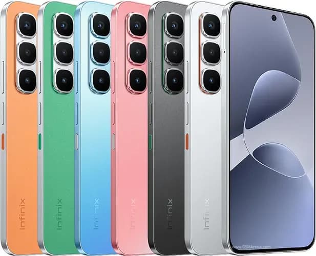 Infinix Hot 70 Pro smartphone lineup showcasing multiple color variants including orange, green, blue, pink, gray, and silver. Each phone features a sleek design with triple rear cameras and a modern front display.