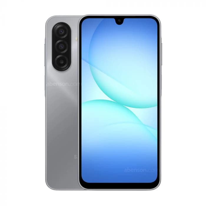 Samsung Galaxy M14 smartphone in sleek silver finish, featuring a vibrant blue display and triple rear camera setup. The device showcases a modern design with a smooth front and back surface, ideal for tech enthusiasts.