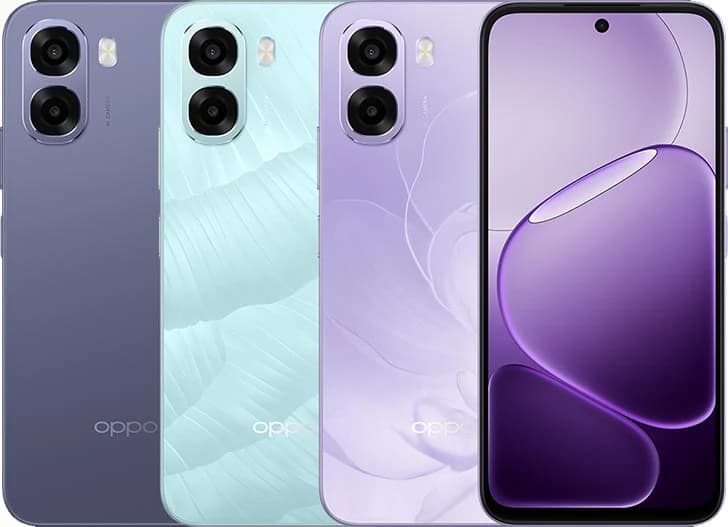 Oppo smartphones in three stylish colors: deep purple, mint green, and soft lavender. Each phone features dual rear cameras and a sleek design, showcasing modern aesthetics and advanced technology.