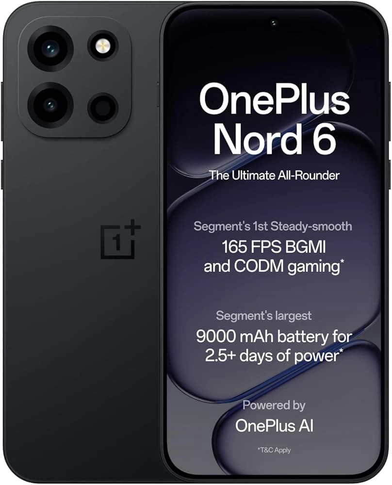 OnePlus Nord 6 smartphone in sleek black design featuring a vibrant display showcasing specifications including 165 FPS gaming and a 9000 mAh battery for extended use. The device is presented front-facing against a plain background.