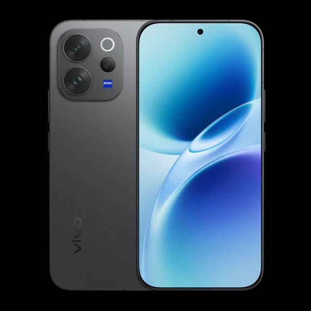 Vivo smartphone featuring a sleek black design, dual rear cameras with ZEISS optics, and a vibrant blue display. Model showcases a modern aesthetic with a glass front and smooth edges.
