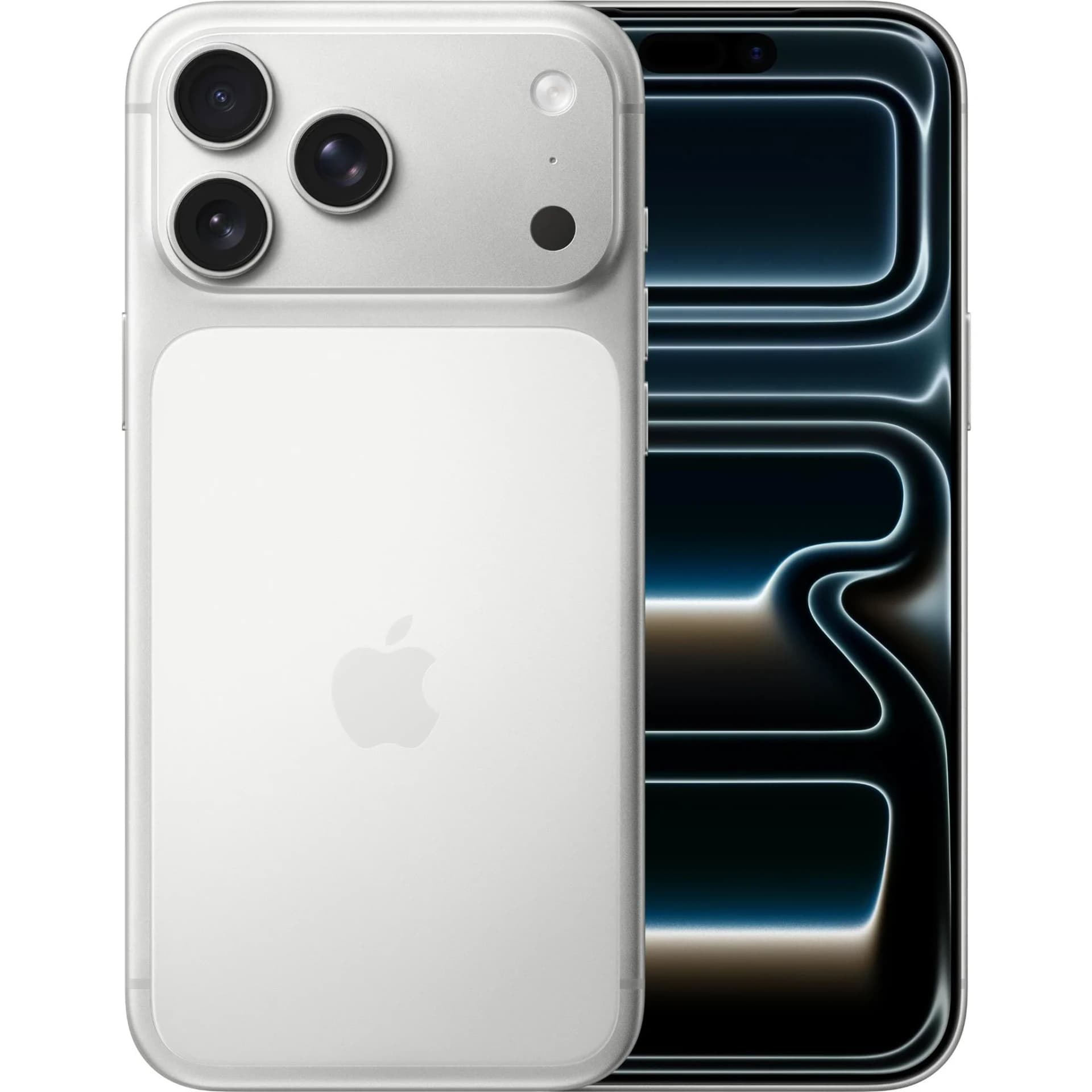 Apple iPhone 17 Pro Max in Silver featuring a sleek design, triple-camera system, and a stunning display. The back showcases a glossy silver finish with the iconic Apple logo, while the front highlights the vibrant screen with minimal bezels.