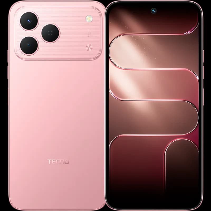 Tecno Bloom smartphone in a soft pink color, featuring a sleek design with three rear cameras and a vibrant display. The device is shown from the front and back, highlighting its modern aesthetics and user-friendly interface.