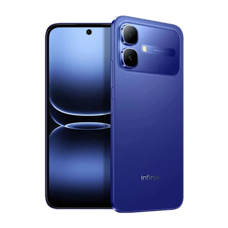Infinix smartphone in a striking blue color, featuring a sleek design with dual rear cameras and a vibrant display. The model showcases a modern aesthetic with a glossy finish, ideal for tech enthusiasts.