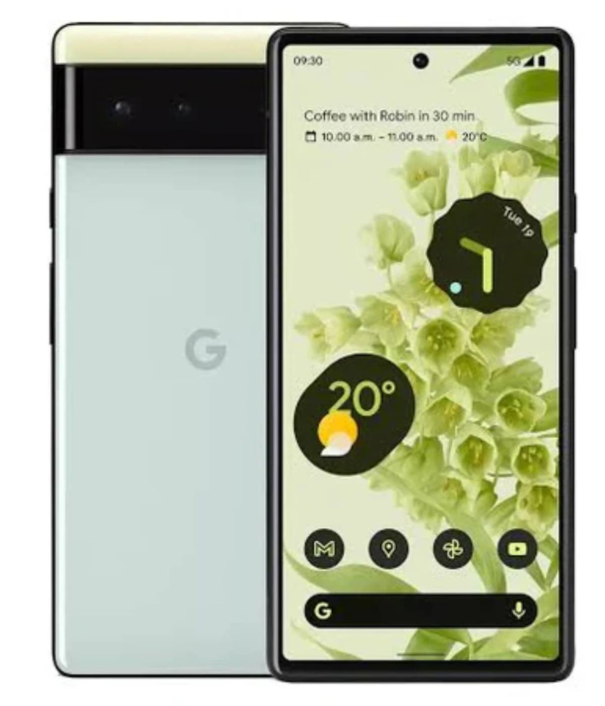 Google Pixel 6 smartphone in light green color with a sleek design. The front displays a vibrant home screen featuring a floral background, weather widget, and app icons. The back showcases the iconic 'G' logo and dual-camera setup.