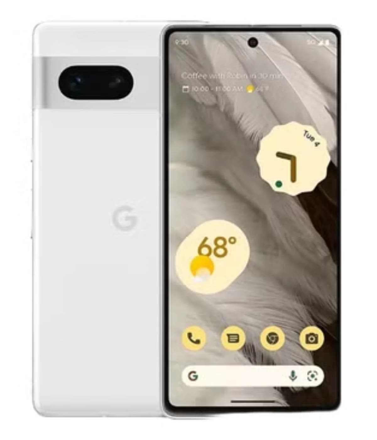 Google Pixel 7 smartphone in white color with a sleek design. Features a vibrant display showcasing a weather widget and app icons. The back has a dual-camera setup with a glossy finish. Front view highlights the modern aesthetic.