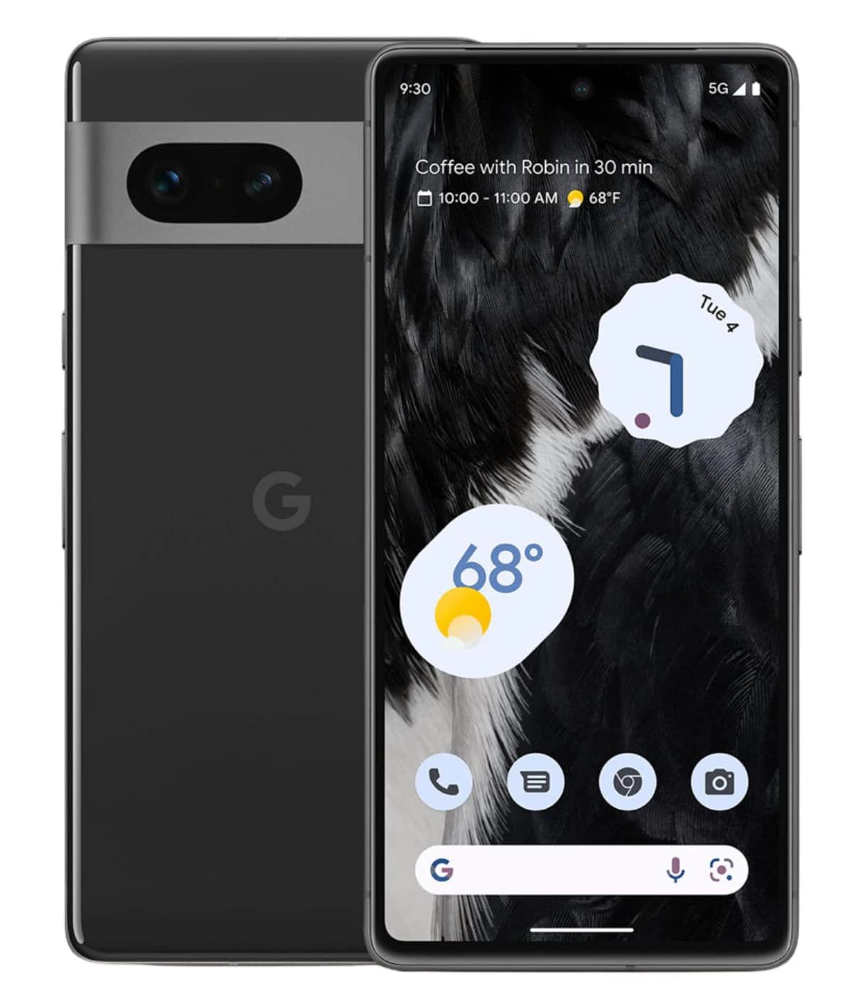 Google Pixel 7 smartphone in Obsidian color featuring a sleek design, dual rear camera setup, and vibrant display showing weather and calendar apps. The device is positioned against a plain background, highlighting its modern aesthetics.
