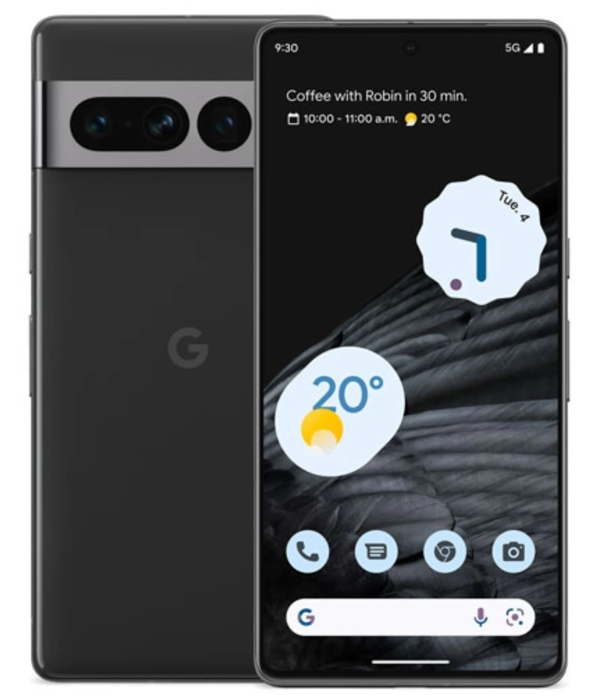 Google Pixel 7 Pro smartphone in sleek black color featuring a dual-camera system on the back and a vibrant display showing a weather widget. The device is designed with a modern aesthetic, showcasing its premium build quality.