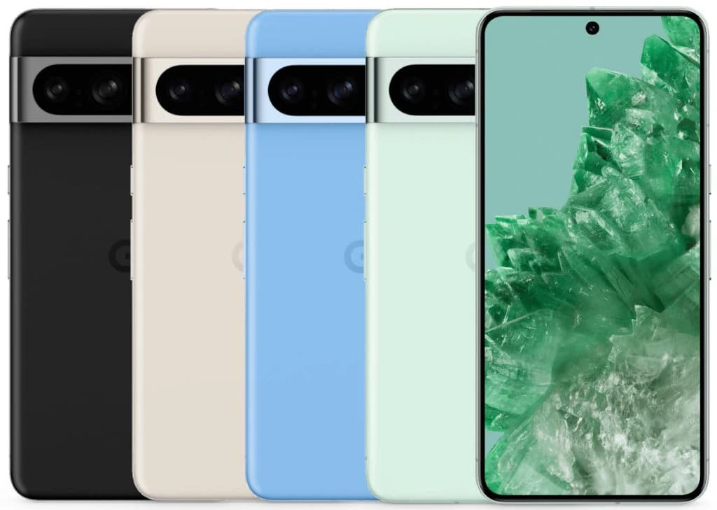 Google Pixel 8 Pro smartphone lineup featuring four color variants: Obsidian Black, Porcelain Beige, Bay Blue, and Leaf Green. Each phone showcases a sleek design with a dual-camera system and a vibrant display highlighting a green crystal…