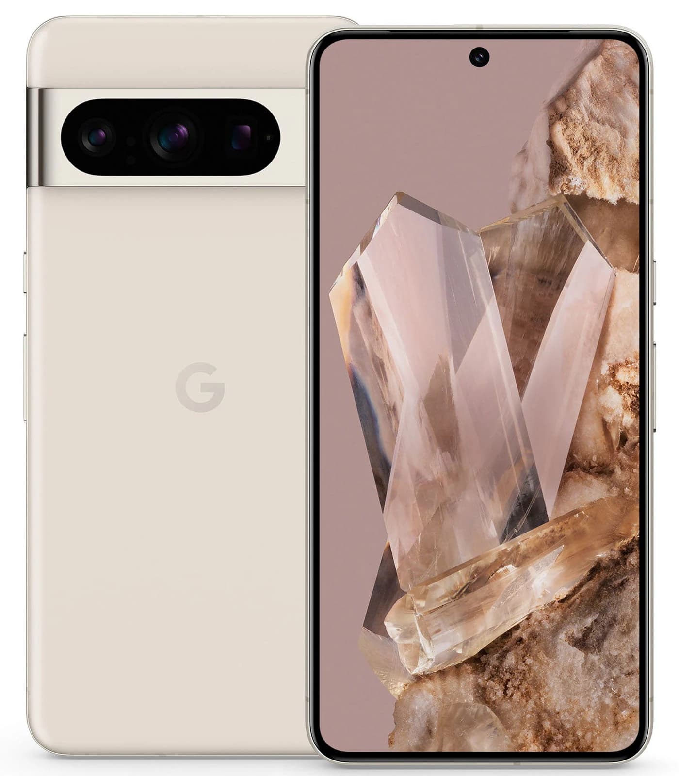 Google Pixel 8 Pro smartphone in a sleek, soft beige color with a dual-camera system on the back. The front displays a vibrant screen featuring a crystal-like wallpaper. The phone is shown from the front and back, highlighting its modern design and…