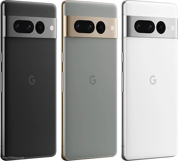 Google Pixel 7 Pro smartphone in three colors: Obsidian Black, Hazel Green, and Snow White. Each phone features a sleek design with a dual-tone finish and a prominent camera module. The back showcases the iconic 'G' logo.