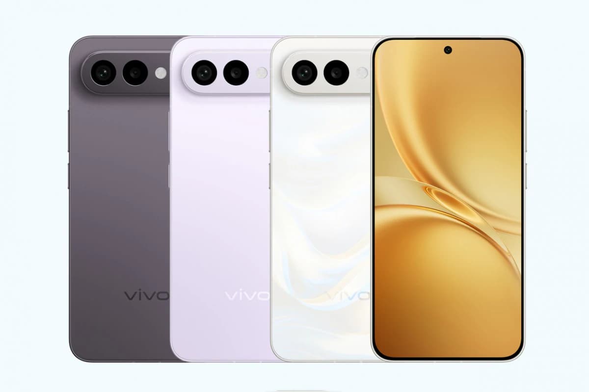 Vivo smartphones in four stylish colors: dark gray, lavender, white, and gold. Each phone features a sleek design with dual rear cameras and a vibrant display, showcasing modern aesthetics and functionality.