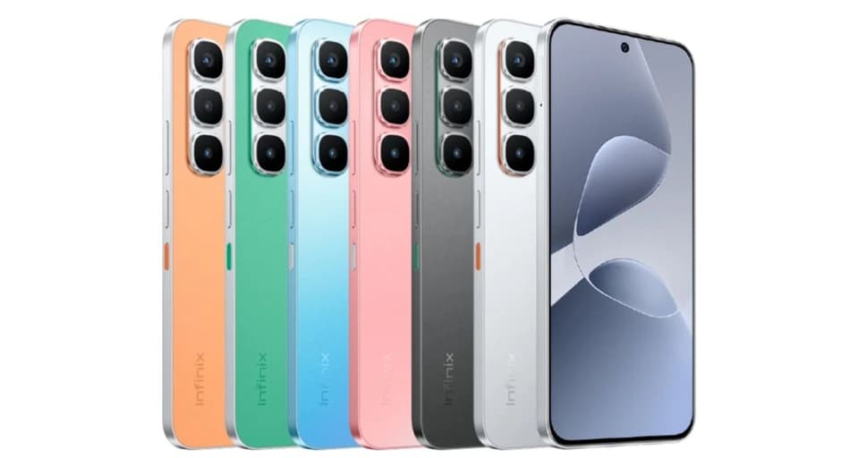 Infinix smartphones displayed in a row showcasing vibrant colors including orange, green, blue, pink, gray, and white. Each phone features a sleek design with triple rear cameras and a modern front display.