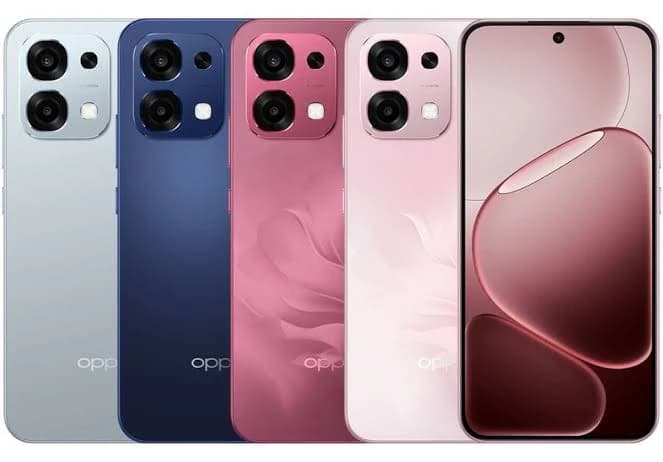 Oppo smartphones in various colors including silver, blue, pink, and red. Each phone features a sleek design with dual rear cameras and a front display showcasing a punch-hole camera. The colors blend from light to dark, highlighting the modern…