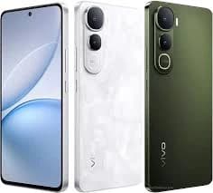 Vivo V25 Pro smartphone showcasing a sleek design with a white marble finish and an olive green back. Features a triple camera setup and a vibrant display. Ideal for tech enthusiasts.