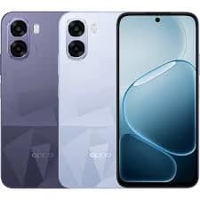 Oppo A57 smartphone in two color variants: a sleek lavender and a soft white. The phone features a modern design with a geometric pattern on the back, showcasing its dual-camera setup. The front view displays a vibrant screen with minimal bezels,…