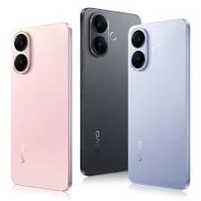 Vivo smartphones in three stylish colors: pink, black, and blue. Each phone features a sleek design with dual rear cameras and the Vivo logo prominently displayed. Perfect for tech enthusiasts seeking modern aesthetics.