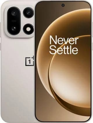 OnePlus 11 smartphone in a sleek beige finish, featuring a vibrant display with the phrase 'Never Settle' prominently displayed. The device showcases a dual-camera setup on the back, emphasizing its modern design and premium build quality.