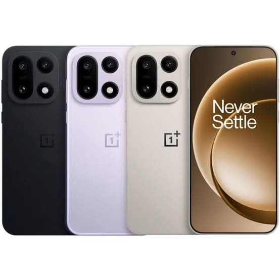 OnePlus smartphones displayed in three colors: black, lavender, and cream. Each phone features a sleek design with dual rear cameras and a front display showcasing the 'Never Settle' slogan. Ideal for tech enthusiasts.
