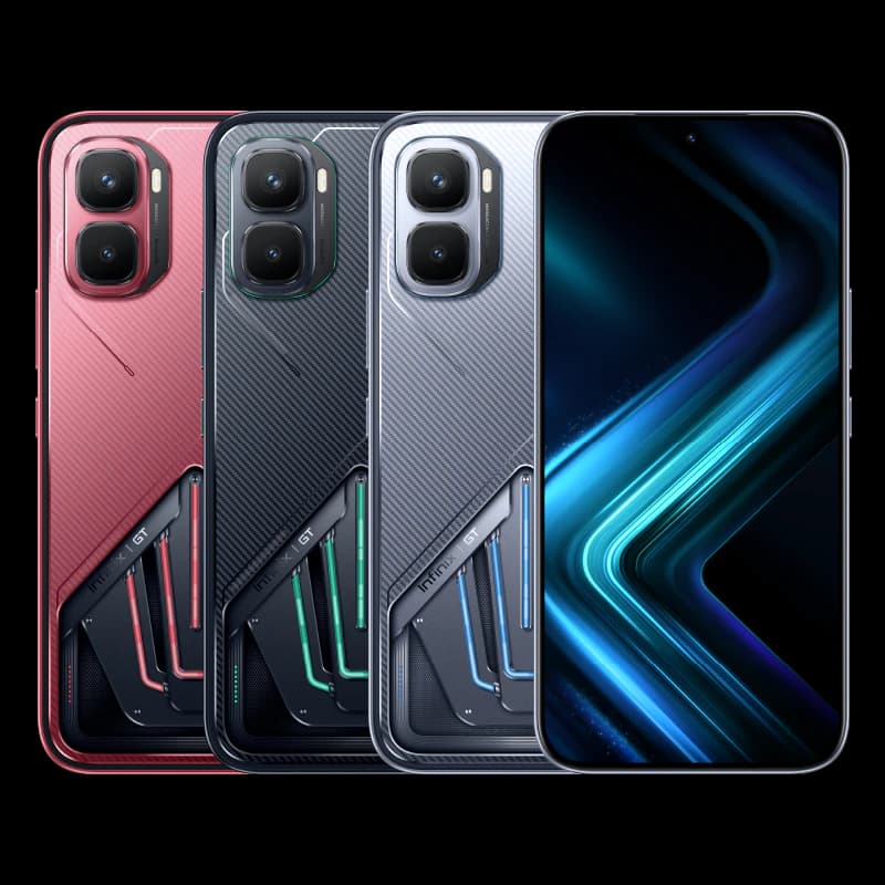 Infinix GT 50 Pro 5G smartphone in Black Abyss, showcasing a sleek design with a carbon fiber texture. Available in multiple colors: red, black, and silver. Features dual rear cameras and vibrant LED accents.