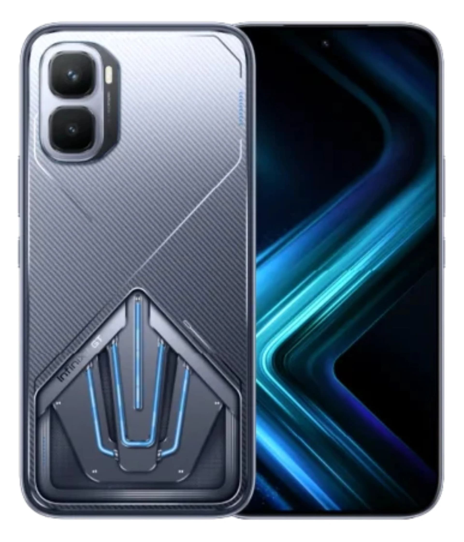 Infinix GT 50 Pro smartphone featuring a sleek design with a dual-camera setup and a striking blue and black color scheme. The back showcases a unique textured pattern with a futuristic design element, perfect for tech enthusiasts.