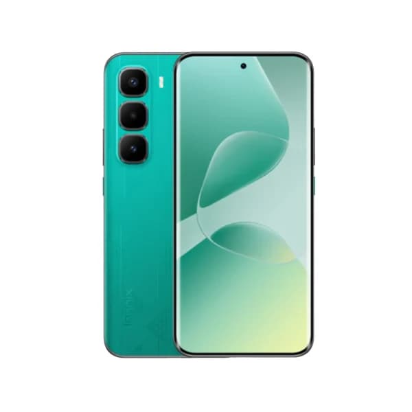 Infinix Hot 60 Pro Plus smartphone in vibrant turquoise color, featuring a sleek design, triple rear camera setup, and a large display with minimal bezels. The back showcases a glossy finish, enhancing its modern aesthetic.