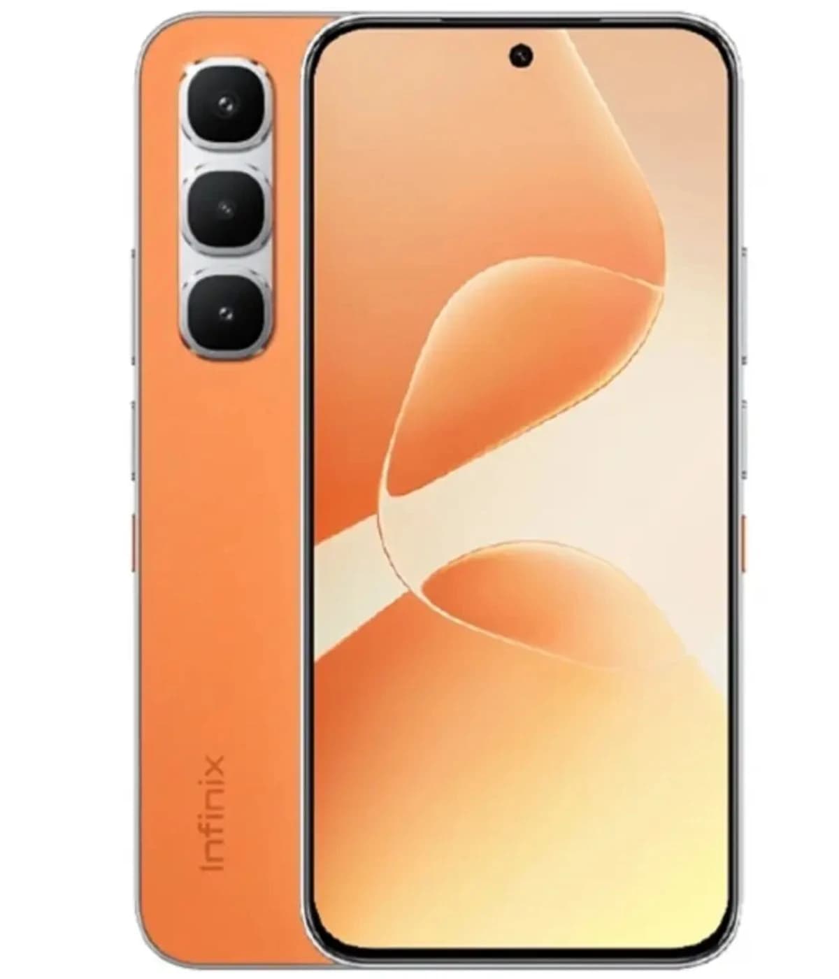 Infinix Hot 60 Pro smartphone in vibrant orange color featuring a sleek design, triple rear camera setup, and a large display with a central front camera. The device showcases a modern aesthetic with a glossy finish.