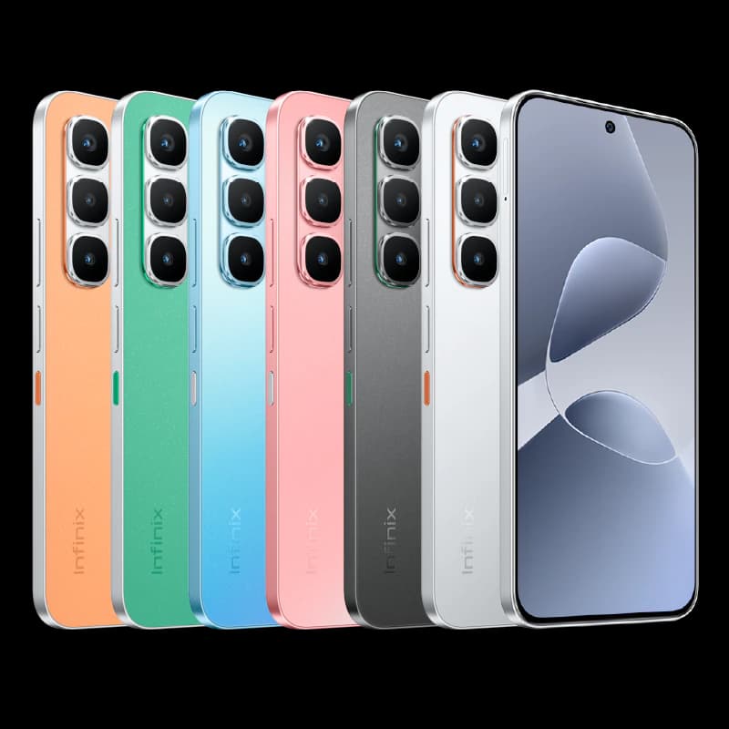 Infinix Hot 60 smartphones displayed in a row, featuring vibrant colors including orange, green, blue, pink, gray, and silver. Each phone showcases a sleek design with a triple camera setup and a modern front display.
