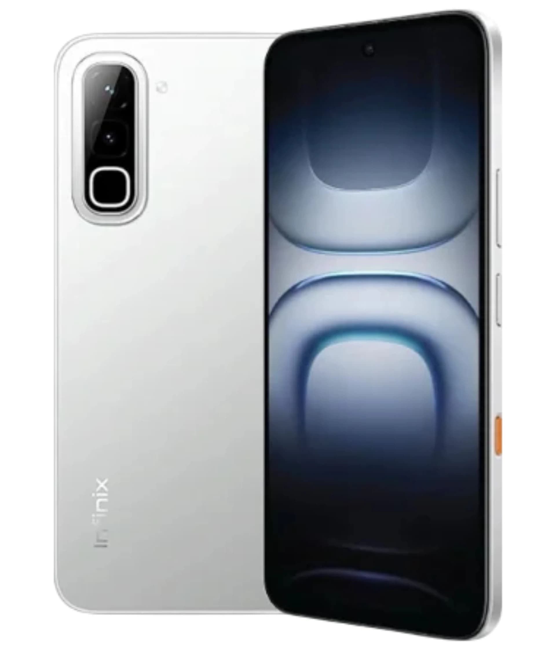 Infinix Hot 70 smartphone in sleek white design, featuring a dual-camera setup on the back and a vibrant display on the front. The device showcases a modern aesthetic with a slim profile and an orange accent button.