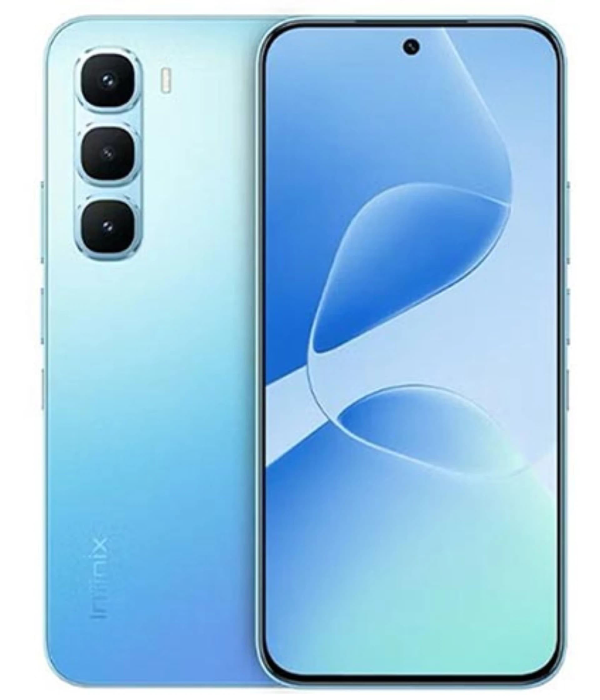 Infinix Hot 70 Pro smartphone in a stunning light blue gradient finish, featuring a sleek design, triple rear camera setup, and a vibrant display. Perfect for tech enthusiasts seeking style and performance.