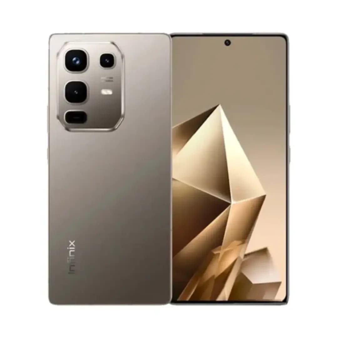 Infinix Note 50 Pro smartphone in sleek gold finish, featuring a triple camera setup on the back, 256GB storage, and 12GB RAM. The device showcases a modern design with a vibrant display and premium aesthetics.
