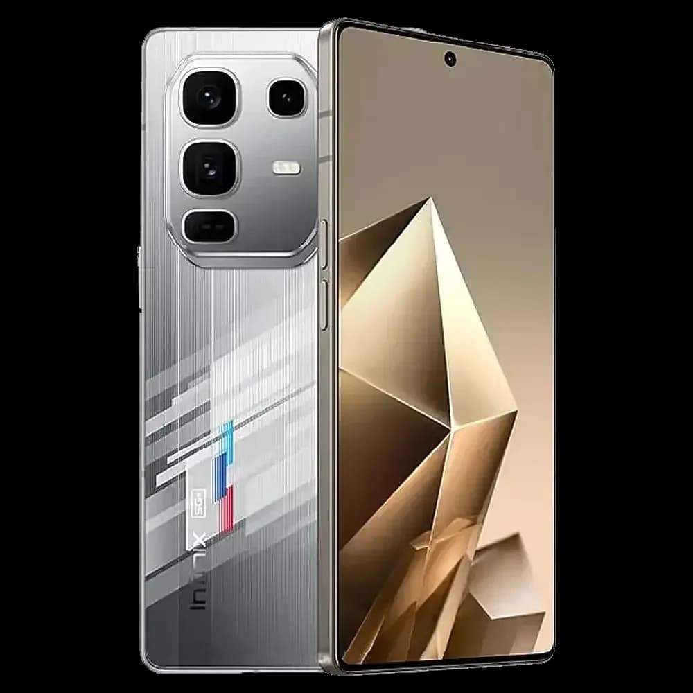 Infinix Note 50 Pro Plus 5G smartphone featuring a sleek silver design with a textured back, showcasing a triple camera setup and a stunning gold-toned display. The device is presented in a dynamic angle against a black background.