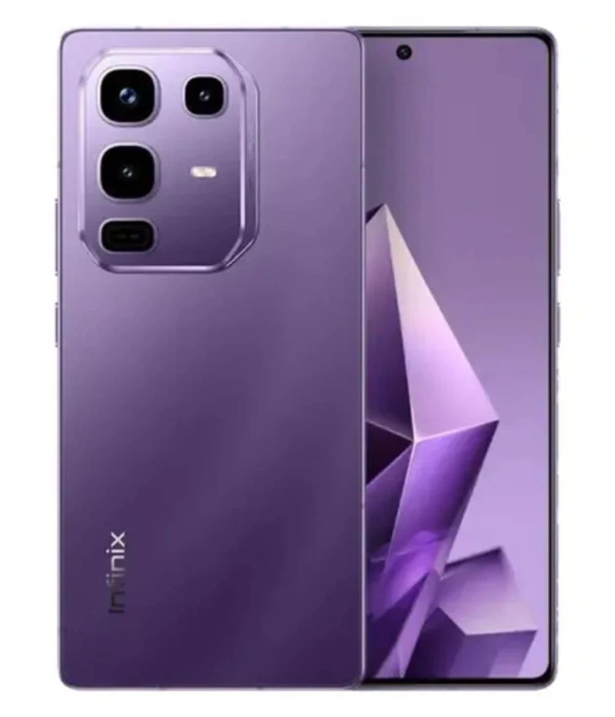 Infinix Note 50 Pro smartphone in a sleek purple finish, featuring a triple camera setup on the back and a modern design. The device showcases a vibrant display and premium build quality, ideal for tech enthusiasts.