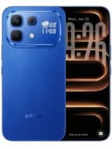 Infinix Note 60 smartphone in vibrant blue color featuring a sleek design, dual rear cameras, and a unique display showing time and weather. The device showcases a modern aesthetic with a glossy finish.