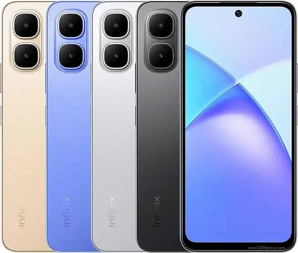 Infinix Smart 11 smartphone lineup featuring four color variants: gold, blue, silver, and black. Each phone showcases dual rear cameras and a sleek design with a vibrant display, ideal for modern users.