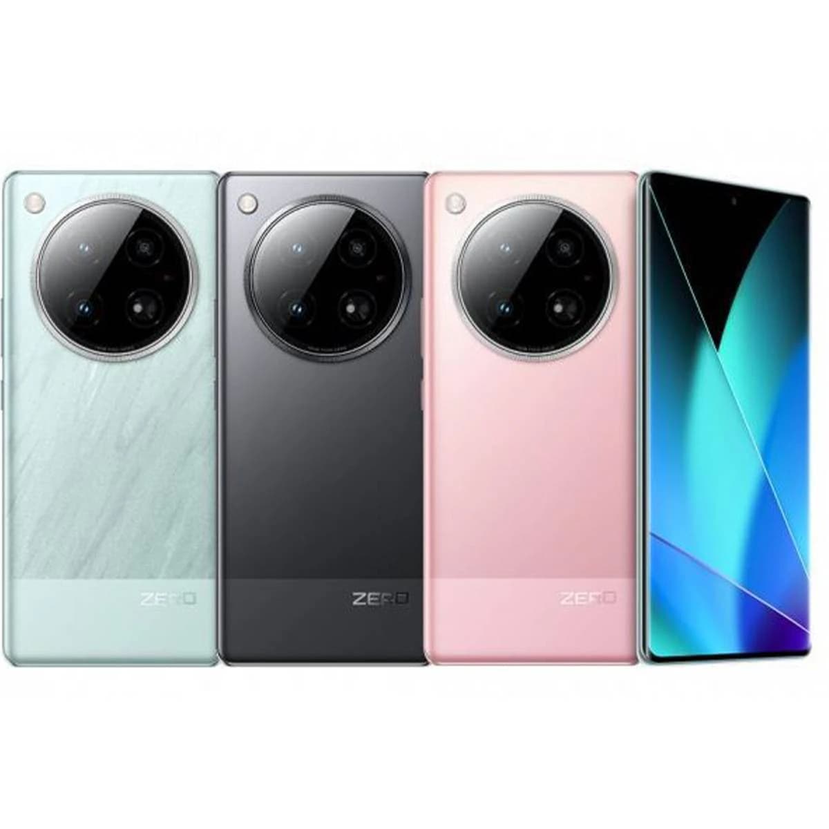 Infinix Zero 40 4G smartphone collection featuring three color variants: mint green, sleek black, and soft pink. Each phone showcases a unique circular camera design and a modern aesthetic. The mint green model has a textured finish, while the…
