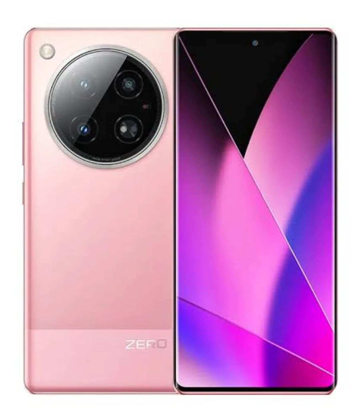 Infinix Zero 40 smartphone in a sleek pink design featuring a vibrant display and a triple-camera setup. The device showcases a modern aesthetic with a glossy finish and minimalistic branding.