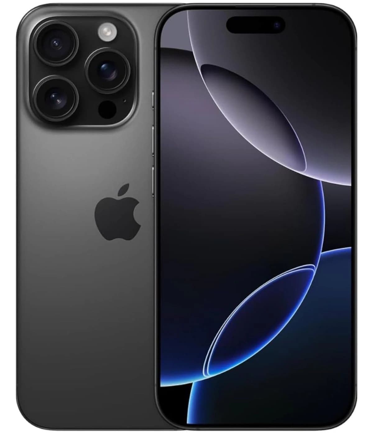 Apple iPhone 16 Pro Max in Space Black, featuring a sleek design with a glass front and back, triple camera system, and vibrant display. The smartphone showcases a modern aesthetic with a premium finish.