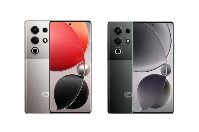 itel S26 Ultra smartphone in two color variants: silver with a vibrant red display and black with a sleek gray display. Both models feature a modern design with multiple camera lenses and a large screen.
