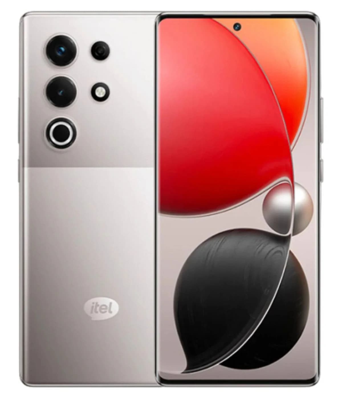 itel S26 Ultra smartphone featuring a sleek silver design, large display with vibrant red and black graphics, and a triple camera setup on the back. The device showcases a modern aesthetic with a premium finish.