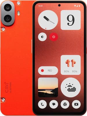 Nothing CMF Phone in vibrant orange color featuring a sleek design. The front displays a modern interface with large icons and a scenic wallpaper. Dual rear cameras visible, showcasing a stylish and minimalist aesthetic.
