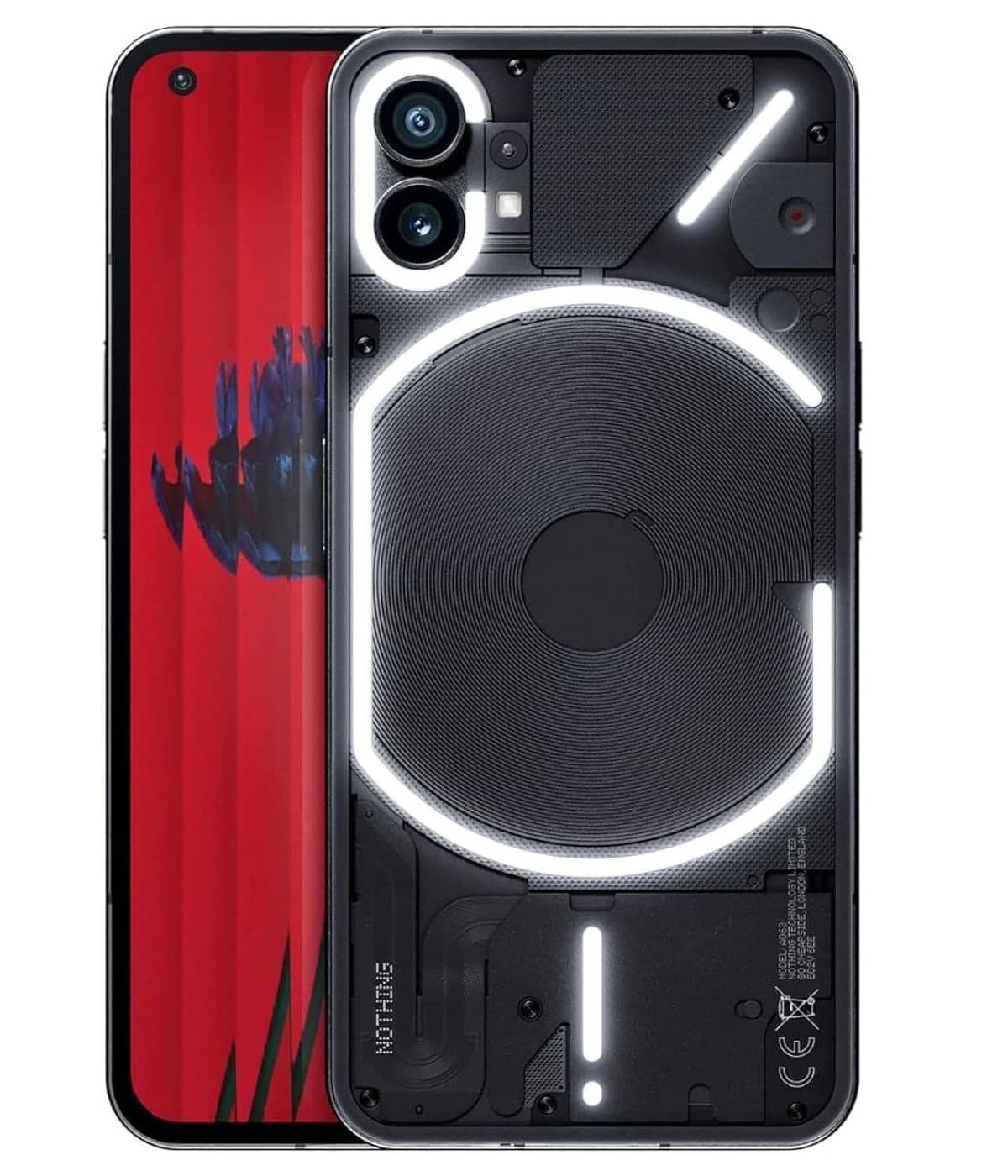 Nothing Phone 1 featuring a transparent back design with LED lights, dual rear cameras, and a sleek black finish. The phone showcases a unique aesthetic with visible internal components and a modern look.