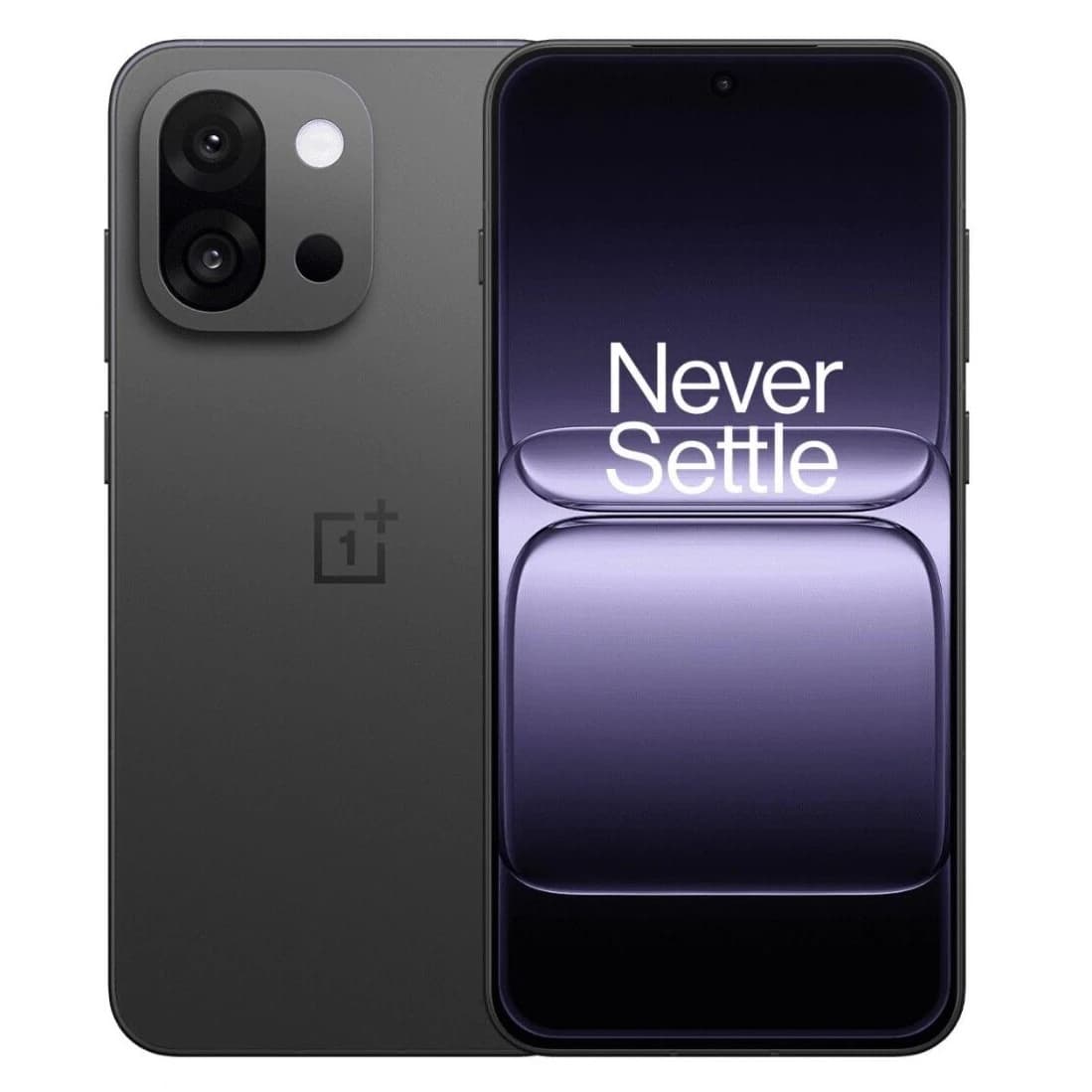 OnePlus 13T smartphone in sleek black finish, featuring dual rear cameras and a vibrant display with 'Never Settle' slogan. The device showcases a modern design with a glass front and smooth edges, ideal for tech enthusiasts.