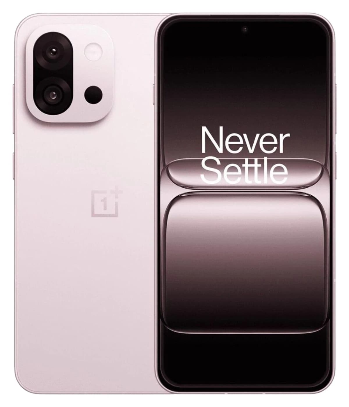 OnePlus 13T smartphone in a sleek pink design featuring dual rear cameras and a vibrant display with 'Never Settle' slogan. The device showcases a modern aesthetic with a glossy finish, ideal for tech enthusiasts.