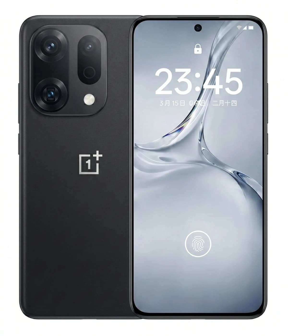 OnePlus 16 smartphone in sleek black design featuring a dual-camera setup, vibrant display showing time, and an in-display fingerprint sensor. The device has a modern aesthetic with a minimalistic logo.