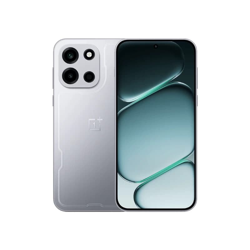 OnePlus Nord 6 smartphone featuring a sleek silver design, dual rear cameras, and a vibrant display. The device showcases a modern aesthetic with smooth edges and a premium finish, ideal for tech enthusiasts.