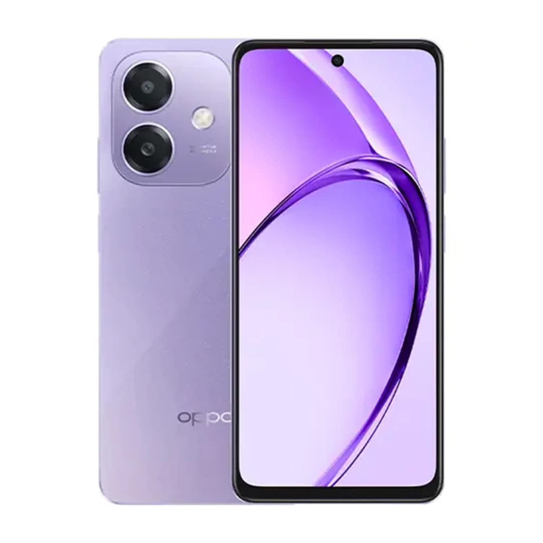 Oppo A5i smartphone in a sleek lavender color featuring a dual-camera setup and a vibrant display with a purple gradient background. The device showcases a modern design with a slim profile and a minimalistic aesthetic.
